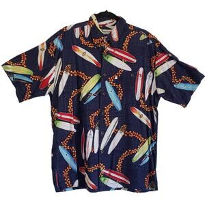 ROBERT STOCK NAVY BLUE HAWAIIAN SHIRT W/ SURFBOARDS & PLUMERIA LEI'S SIZE M